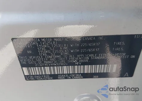 2017 Toyota Rav4 Le из США, поврежденный, VIN 2T3ZFREV4HW329824